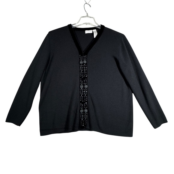 Elisabeth by Liz‎ Claiborne Womens 1X Black Cardigan Velvet Trim Embellished - Picture 1 of 8